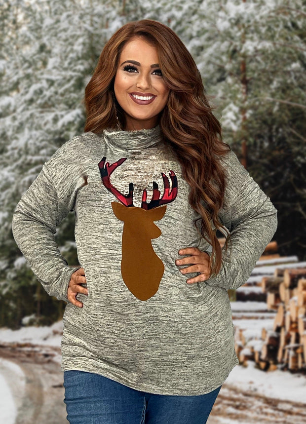 SALE!!  36 GT-P {Deer Head} Heather Grey Reindeer Top SALE!!  PLUS SIZE XL 2X 3X