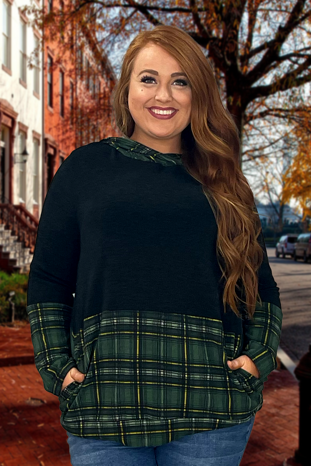 SALE! 23 HD-E {Having A Good Time}  Black With Green Plaid Hoodie PLUS SIZE XL 2X 3X