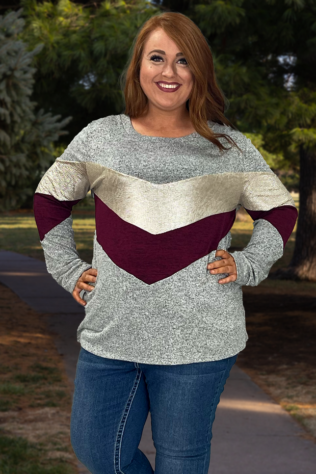 SALE! 29 CP-H {Like A Champ} Grey Maroon Metallic Top PLUS SIZE XL 2X 3X