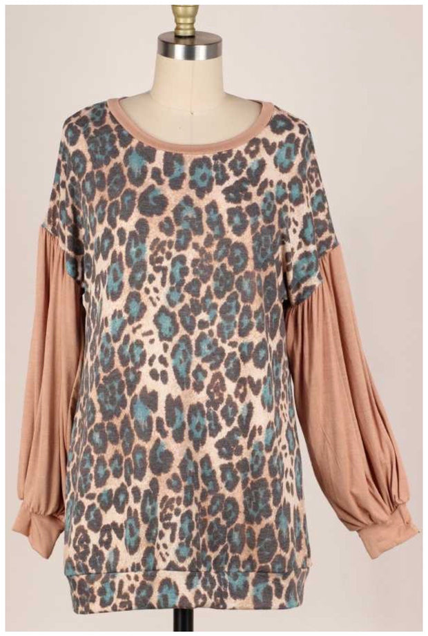 SALE! 21 CP-B {Meant Well}  Mocha Teal Leopard Knit Top PLUS SIZE XL 2X 3X