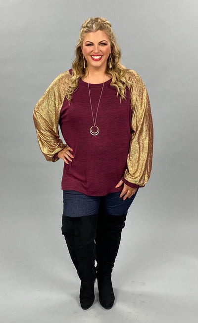 SALE! 29 CP-G {My Time To Shine} Maroon Gold Metallic Top w/ Cuffed Sleeve  PLUS SIZE XL 2X 3X