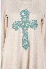 29 GT-D {Don't Cross Me} Oatmeal Blue Cross Detail Top PLUS SIZE XL 2X 3X