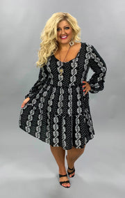 SALE!! PLS-A {Little Darling}  Black & Ivory Floral  Print Elastic Sleeve  Dress