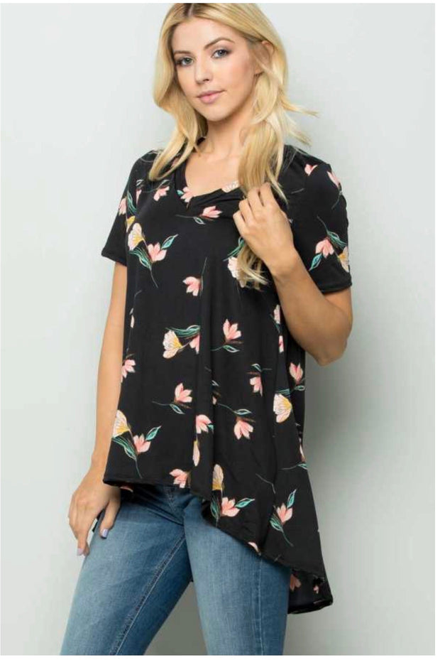 SALE!! PSS-G  {Marvelous Magic} Black Floral Print Hi-Low Tunic PLUS SIZE 1X 2X 3X