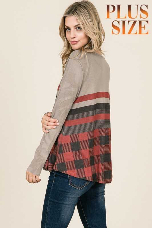 SALE!! 19 CP-T {Heading Out}  Grey With Red Black Plaid Top PLUS SIZE XL 2X 3X