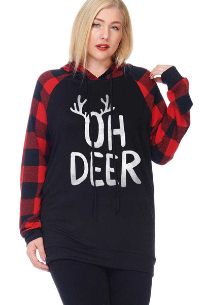 SALE! 32 HD-A {Oh Deer} Black "Oh Deer" Red Plaid Hoodie PLUS SIZE XL 2X 3X