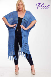 SALE!!  OT-B {Carolina Blue} Cardigan With Fringe Detail & Back Lace Insert PLUS SIZE 1X 2X 3X