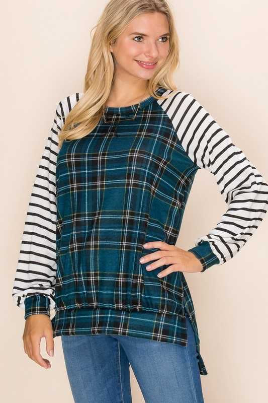 SALE!! 22 CP-T {Gotta Get Out} Blue Plaid White Striped Sleeve Top PLUS SIZE XL 2X 3X