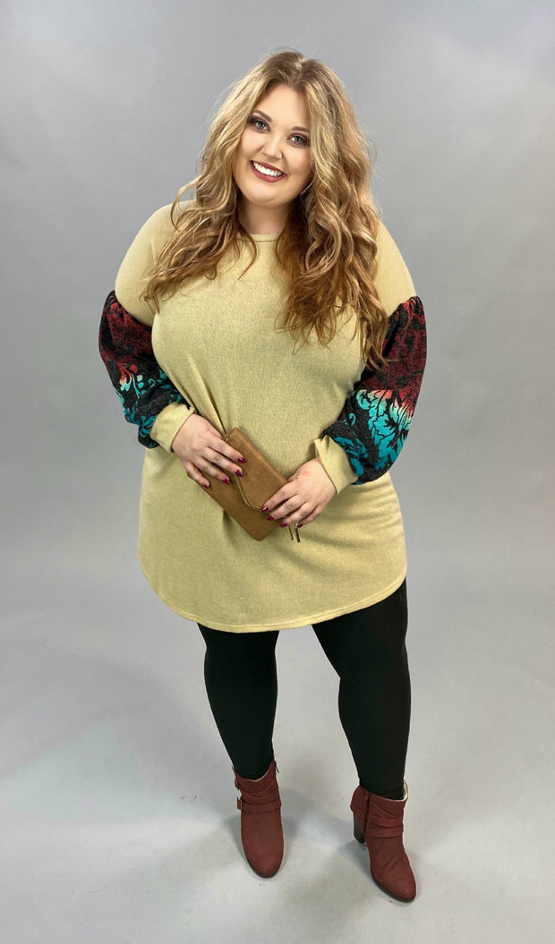 SALE!! CP-O {My Best Mood} Tan Teal Red Print Sleeve Knit Top PLUS SIZE XL 2X 3X