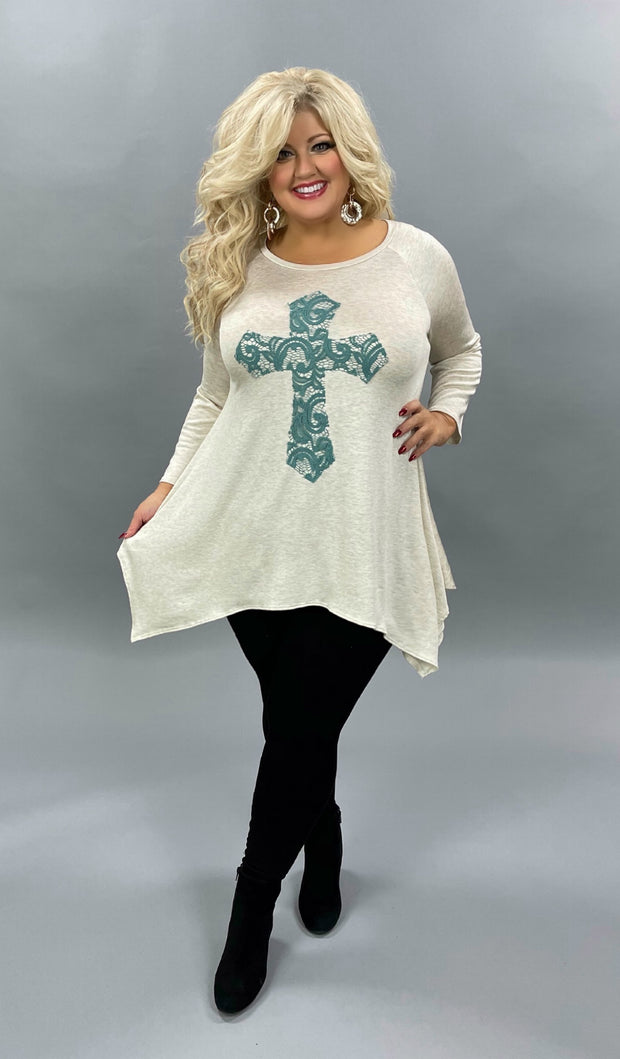 29 GT-D {Don't Cross Me} Oatmeal Blue Cross Detail Top PLUS SIZE XL 2X 3X