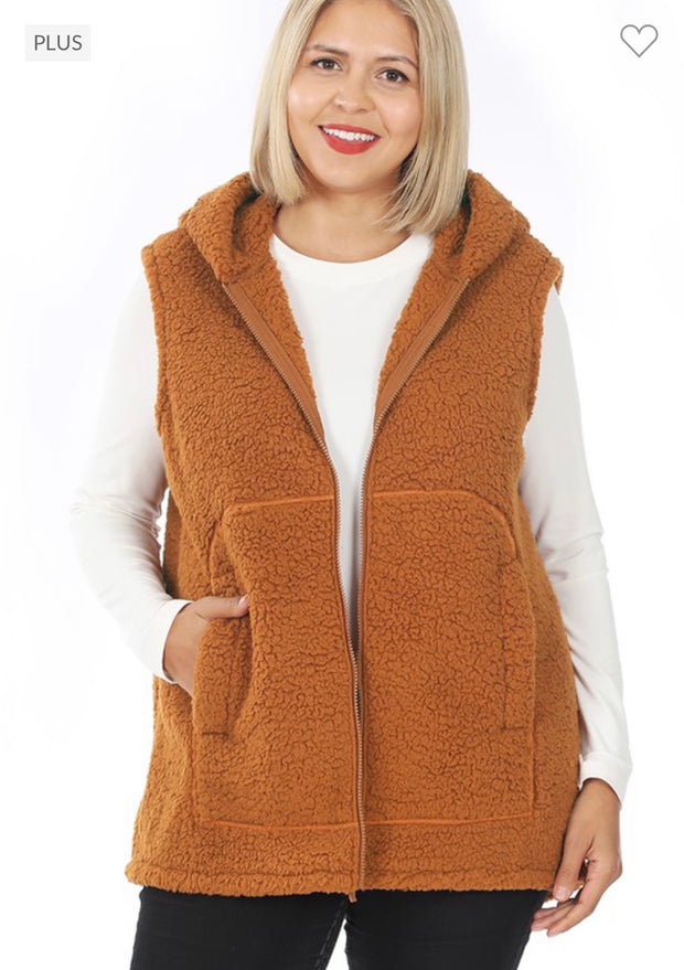 SALE!! 63 OT-T {Looking For Fun} Deep Camel Sherpa Hooded Vest PLUS SIZE 1X 2X 3X