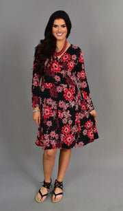 SALE!! PLS-L {Wait For The Reaction} Black Floral Wrap-Tie Dress